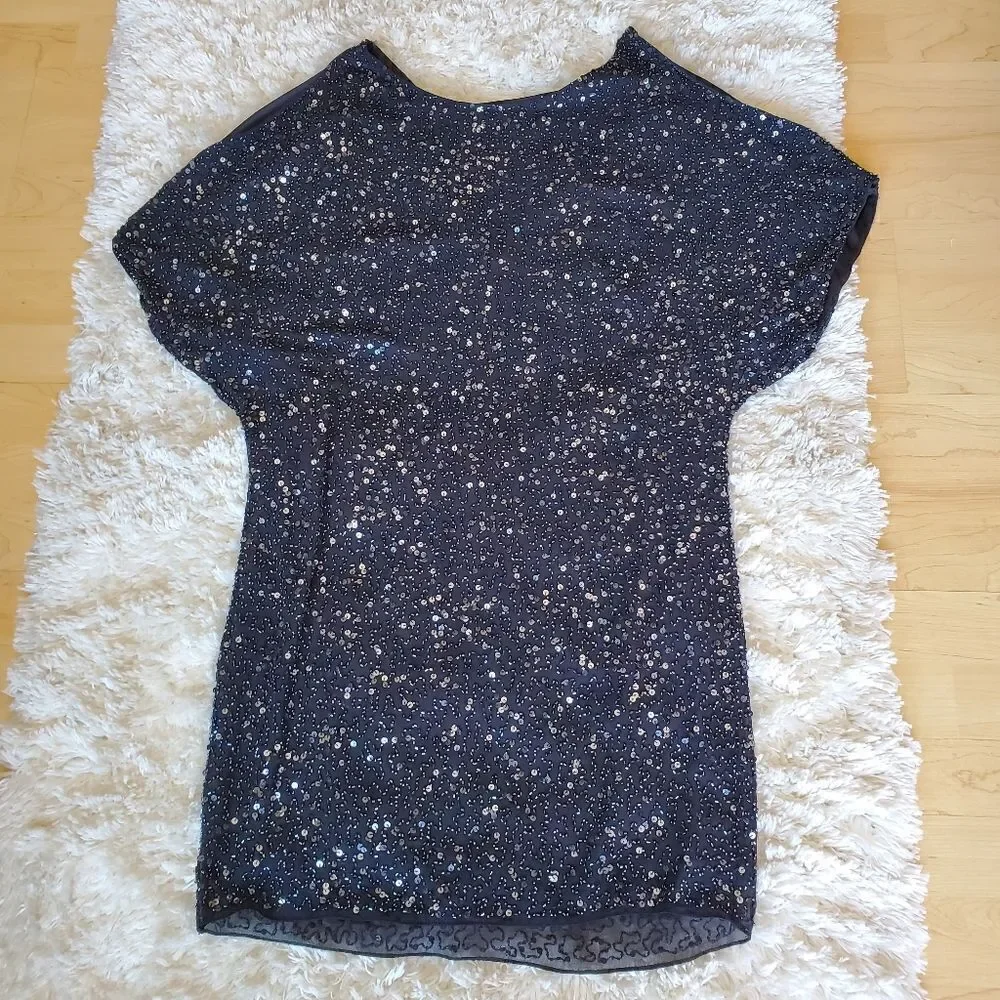 Aidan Mattox Cold Shoulder Sequin Dress Size 6 Black Party New Year's 100% Silk